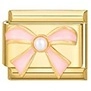 Italian modular charm in gold finish with a pink enamel bow and a small pearl center - Pink Enamel Bow with Pearl Style (MK-1387)