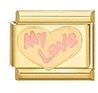 Italian modular charm link in gold stainless steel with pink My Love heart design - MY LOVE Pink Heart Style (MK-1636)