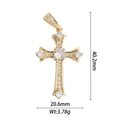 Macro view of 18k gold plated cross pendant with crystal zircons and size dimensions - Ornate Gold Cross Pendant With Clear Rhinestones (DZ-1829)