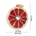 Detailed macro view of 18k gold plated round orange pulp charm with dimensions 17.7mm by 14.7mm - Red Pomelo Slice Design Pendant (DZ-1835)