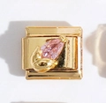 Italienisches Modul-Charm aus goldenem Edelstahl mit rosa Kristall in Birnenform - Rosa Wassertropfen-Edelstein (MK-1375)
