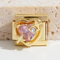 Eslabón modular italiano de acero inoxidable dorado con circón de corazón rosa - Estilo Estrella de Cruz Corazón Rosa (MK-1423) / 5 Piezas / Dorado