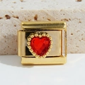 Italian charm link in gold finish featuring a red heart gemstone for bracelets - Red Heart Beaded Edge (MK-1207)