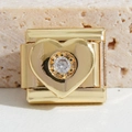 Modulares Edelstahl-Herz-Charm in Gold mit glänzendem Diamant für DIY Armbänder - Herz mit Einzelstrass-Stil (MK-1428) / 5 Stück / Gold