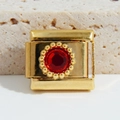 Italian charm link in gold stainless steel featuring a round red gemstone center - Red Round Stone Beaded Edge (MK-1208)