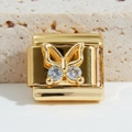 Italian charm bracelet link in gold finish featuring a butterfly with zircon stones - Clear Stone Butterfly (MK-1210)