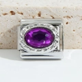 Italian charm link with oval purple gemstone and silver twisted rope border - Purple Oval Stone Rope Pattern (MK-1213)
