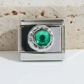 Italian modular charm link in polished stainless steel with a round green gemstone - Green Round Stone Woven Texture (MK-1216)