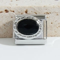 Italian modular charm in silver steel with an oval black stone and vintage texture - Black Oval Stone Vine (MK-1221)