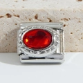 Italian charm link featuring a large oval red gemstone set in silver stainless steel - Red Oval Stone Vintage (MK-1226)