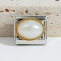 Italian charm link in silver stainless steel with gold border and oval white pearl - White Artificial Pearl Gold Edge (MK-1229)