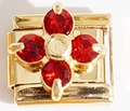 Italian charm link with red crystals set in a golden stainless steel square module - Red Stone Four-Petal Flower (MK-1385)