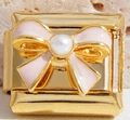 Italian charm link in gold with pink enamel bow and white faux pearl detail - Pink Enamel Bow (MK-1387)