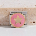 Italian charm bracelet link in stainless steel with pink enamel and gold star design - Star Pattern (MK-1755)