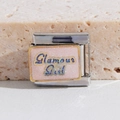 Italian charm bracelet link in stainless steel with pink Glamour Girl glitter lettering - Glamour Girl (MK-1775)