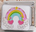 Italian charm link with rainbow heart and angel wings on white enamel base - Rainbow Wings (MK-1402)
