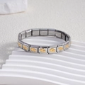 Italian charm bracelet with modular stainless steel links and golden double hearts - Solid Double Heart Center Gold (BD-234)