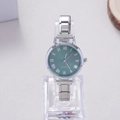 Detail view of a silver quartz watch with a forest green dial and Roman numerals on a stand - Silver Green Roman Numeral Dial (WT055)