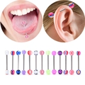 Detail showing 14pcs acrylic ball tongue and industrial piercings with colorful patterns - Tongue Ring Set / 10 Pieces/Pack (Bar Length approx 16mm)