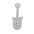 Sparkling owl belly button ring with silver stainless steel and clear zircon stones - Owl Style (JE0038A)