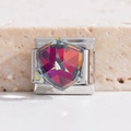Italian modular charm in stainless steel with a multifaceted iridescent hexagon crystal - Fuchsia AB Hexagon (MK-2271)