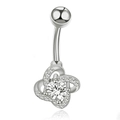Silver stainless steel belly button ring with geometric zircon clover flower pendant - Four-Leaf Flower Style (JE0063A)