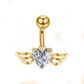 Piercing de nombril doré avec cœur en cristal et ailes en acier inoxydable poli - 1,6*10*5mm / Style Cœur d'Ange Doré (JE0061B)