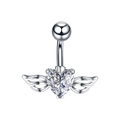 Macro shot of stainless steel belly ring with heart-shaped zircon and angel wings detail - Angel Heart Zirconia (JE0061A)