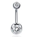Silver stainless steel belly ring with double round zircon stones on white background - White