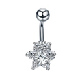 Macro detail of stainless steel belly ring featuring a seven-stone zircon flower pendant - Seven-Diamond Flower Style (JE0059A)