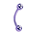 Close-up of curved purple stainless steel eyebrow piercing with smooth round ball ends - Purple