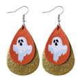 Close-up of double-layered teardrop earrings with orange leather and ghost pattern - Funny Ghost (JE0092B)