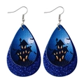 Detail of Halloween faux leather earrings with spooky castle and bat motifs on glitter layer - Deep Blue Castle Bat (JE0092F)