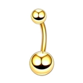 Detailansicht eines polierten goldenen Bauchnabelpiercings aus Edelstahl mit Kugeln - Gold Doppelball Stil (JE0088B)