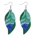 Détail des boucles d'oreilles bohèmes avec imprimé plumes bleu-vert et cuir vert foncé - Imprimé Plume Bleu Vert (JE0090E)