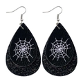 Detail of Halloween drop earrings with white spider web print on black textured leather - Black Spider Web (JE0092H)