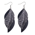 Détail de boucles d'oreilles en cuir double épaisseur avec plume et crochets argentés - Imprimé Plume Noir Blanc (JE0090B)