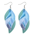 Détail des boucles d'oreilles feuille à double couche avec motif plume et similicuir - Imprimé Plume Bleu Violet (JE0090A)