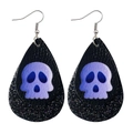 Detail of teardrop leather earrings with skull print and black glitter backing - Blue Purple Skull (JE0092L)