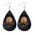 Detail of Halloween drop earrings with dead tree print and black glitter leather layers - Dead Tree Moon (JE0092M)