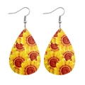 Close-up of teardrop leather earrings featuring vibrant sunflower prints and silver hooks - Sunflower Print Style (JE0095A)