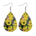 Close-up of teardrop faux leather earrings with yellow sunflowers and pink floral pattern - Floral Mix Style (JE0095B)