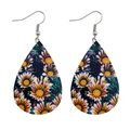 Macro detail of teardrop leather earrings featuring vibrant daisy and sunflower patterns - Black And White Daisy Style (JE0095C)