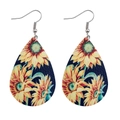 Close-up of bohemian teardrop earrings with sunflower pattern on dark blue leather texture - Dark Blue Sunflower Style (JE0095E)