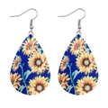 Detail of teardrop leather earrings featuring sunflower patterns with silver hooks - Blue Base Sunflower Mix (JE0095F)