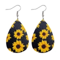 Detail of teardrop leather earrings featuring vibrant yellow sunflower patterns on black base - Black Base Sunflower Style (JE0095G)