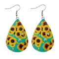 Detailed view of teardrop faux leather earrings with yellow sunflower prints and silver hooks - Green Base Sunflower Style (JE0095H)