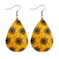 Macro detail of teardrop leather earrings featuring vibrant sunflower floral patterns - Bohemian Sunflower Style (JE0095I)