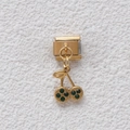 Charm modulare in acciaio dorato con pendente a ciliegia in cristallo verde per bracciali - Ciondolo Ciliegia Verde Scuro Oro (GMKDZ-025)