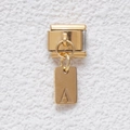 Italian charm bracelet link in gold finish featuring a hanging letter A pendant charm - Letter A (GMKDZ-268A)